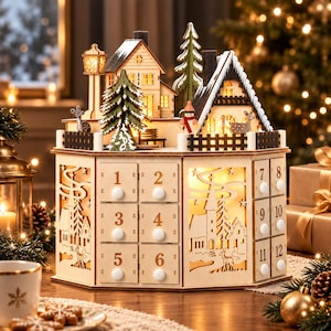 May include: A wooden advent calendar with twelve numbered drawers, featuring a light-up winter village scene on top. The display includes miniature houses, evergreen trees, a snowman, and deer figures, all illuminated by warm internal LED lights.