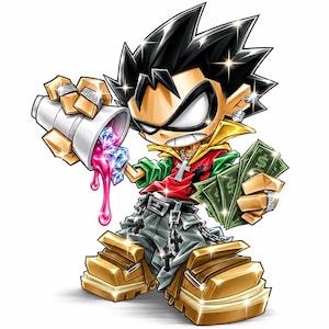 May include: A stylised cartoon character with spiky black hair, wearing a red shirt, green jacket, and grey trousers, holding a white cup pouring pink liquid and blue crystals, while clutching green paper money, adorned with gold jewellery and cross charms.