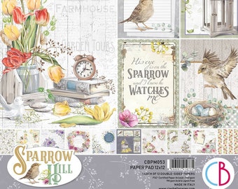 Ciao Bella Sparrow Hill CARDSTOCK, Bird Theme Cardstock, Cottage Style Cardstock, Afternoon Tea Cardstock, Cottage Floral Cardstock