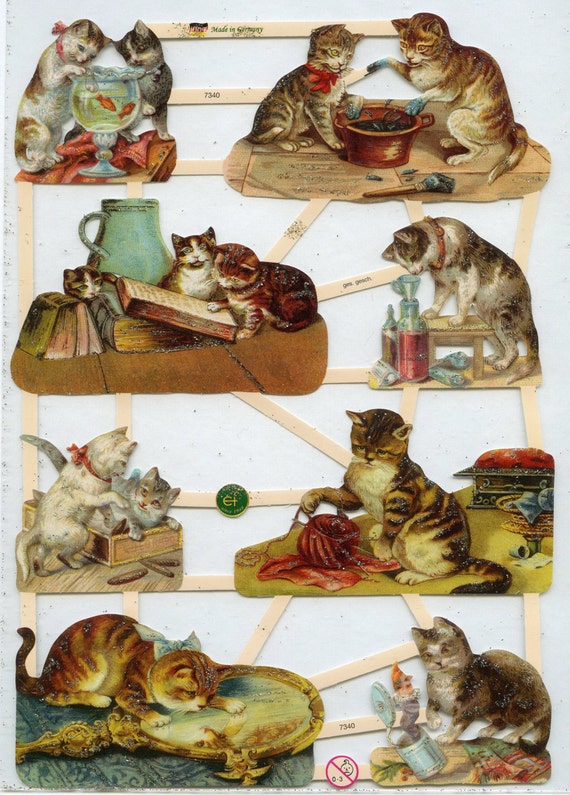 GIRL CHILD KITTEN CAT VICTORIAN ANIMAL EMBOSSED GERMAN PAPER SCRAP CARD PET