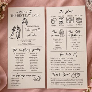 May include: Two white wedding programme cards featuring black text and line art illustrations. The left card lists the wedding party and memorial section. The right card details the event schedule, menu, dates, fun facts, and a thank you message.