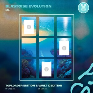 May include: A Blastoise Evolution 151 display set featuring a grid of nine rectangular card slots with underwater and beach imagery. The text reads Blastoise Evolution 151, Toploader Edition & Vault X Edition, with dimensions 80 x 105 mm and 68 x 97 mm.