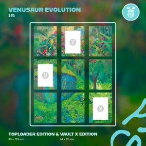 Peut inclure: Un ensemble de présentation Venusaur Evolution 151 avec une grille de neuf cartes sur le thème de la jungle. La mise en page inclut des espaces réservés rectangulaires blancs avec des logos circulaires. Texte : Venusaur Evolution, 151, Toploader Edition & Vault X Edition, 80 x 105 mm, 68 x 97 mm.