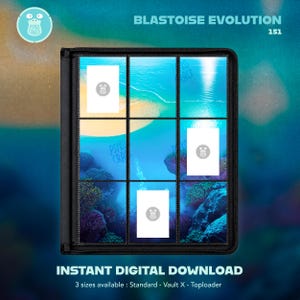 Uitgebreide illustraties geïnspireerd op de Blastoise Evolution-lijn | Set van 151 | Printbare illustraties voor ringmappen met 9 vakken