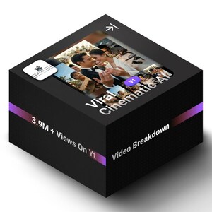 May include: A black cubic digital display featuring a central image of a couple in formal attire, with text overlays reading Viral Cinematic AI, 3.9M + Views On Yt, Video Breakdown, and a small logo for Kongha Film Studio in the top left corner.