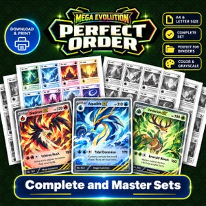 Könnte beinhalten: Eine digitale Sammlung druckbarer Sammelkarten mit dem Branding Mega Evolution Perfect Order. Das Set enthält farbige und graustufige Bögen mit verschiedenen Kreaturendarstellungen, darunter Blaziron, Aqualith und Verdurion.