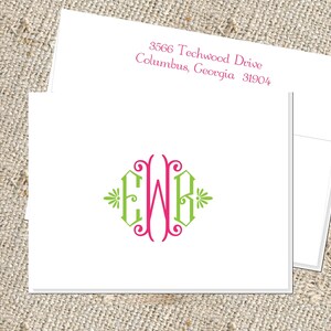 May include: White stationery card with a green and pink monogram of the letters "EWB" in a decorative font. The address "3566 Techwood Drive, Columbus, Georgia 31904" is printed in the top right corner.