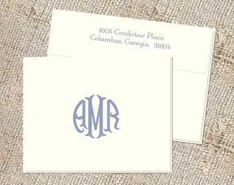 Fishtail Circle Monogram Stationery - 25 notes & envelopes, Personalized folded notes, Monogrammed stationery