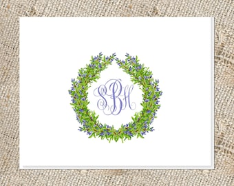 Monogrammed Stationery – Rosemary Wreath Folded Notes, Set of 25
