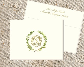 Laurel Wreath Monogram Stationery - Folded Notes & Envelopes (Set of 25)