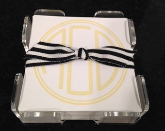 Mini Memos with Acrylic Holder; Note paper with holder; Small notes in Lucite holder; Lucite holder with note paper; Paper in Acrylic Holder