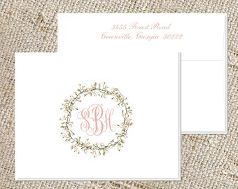 Floral Wreath Monogram Stationery - Folded Notes, Personalized Set of 25