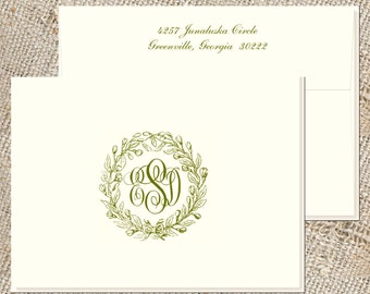 Monogram Stationery Set – Classic Wreath, Personalized Notes (25 Count)