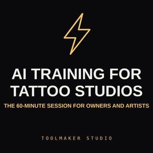 Puede incluir: Un gráfico negro con un icono de rayo dorado en la parte superior. El texto dice: AI TRAINING FOR TATTOO STUDIOS, THE 60-MINUTE SESSION FOR OWNERS AND ARTISTS, y TOOLMAKER STUDIO en la parte inferior. El diseño usa letras blancas y doradas.
