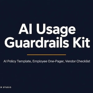 Op de afbeelding: Een donkerblauw digitaal document getiteld AI Usage Guardrails Kit met een horizontale oranje lijn. Onder de titel staat de tekst AI Policy Template, Employee One-Pager, Vendor Checklist. Linksonder staat de tekst TOOLMAKER STUDIO.