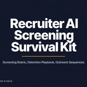May include: A dark navy blue graphic with white text that reads Recruiter AI Screening Survival Kit, followed by a thin orange horizontal line and the subtitle Screening Rubric, Detection Playbook, Outreach Sequences, with Toolmaker Studio at the bottom.