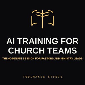 Op de afbeelding: Een zwarte afbeelding met een gouden lijntekening-icoon bovenaan, gevolgd door de witte tekst AI TRAINING FOR CHURCH TEAMS, de gouden tekst THE 60-MINUTE SESSION FOR PASTORS AND MINISTRY LEADS en de witte tekst TOOLMAKER STUDIO onderaan.