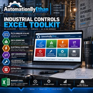 May include: A laptop displaying the AutomationByEthan Industrial Controls Excel Toolkit interface, featuring a grid of colorful icons for PLC scaling, OEE, electrical motors, and unit conversions, alongside a pen and a printed technical document.