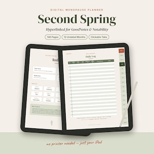 Può includere: Un pianificatore digitale per la menopausa intitolato Second Spring, con 146 pagine, 12 mesi senza data e schede cliccabili. L'interfaccia mostra un registro giornaliero per il monitoraggio dei sintomi, per GoodNotes e Notability.