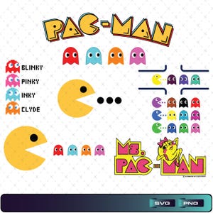Op de afbeelding: Een digitale grafische collectie met het Pac-Man-logo, het Ms. Pac-Man-logo en diverse gepixelde personages waaronder Blinky, Pinky, Inky en Clyde. De set bevat gele Pac-Man-figuren, kleurrijke geesten en op games geïnspireerde iconen.