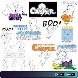 Könnte beinhalten: Eine Sammlung von Casper-Grafikillustrationen mit verschiedenen Posen des weißen Geistercharakters, dem Text Casper, Happy Halloween, Boo, Seen a Ghost und Friendly Ghost sowie einem Kürbis und einem Spukhaus als grafische Elemente.