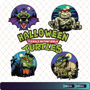 Op de afbeelding: Een digitale afbeelding met vier Teenage Mutant Ninja Turtles verkleed als Halloween-monsters: een vampier, een mummie, het monster van Frankenstein en een weerwolf. De tekst HALLOWEEN TEENAGE MUTANT NINJA TURTLES staat centraal in groen en rood.