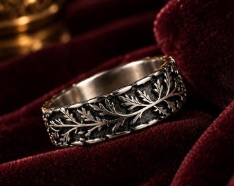 Leaf Pattern Band Ring, Botanical Ring, Vintage Nature Inspired Ring