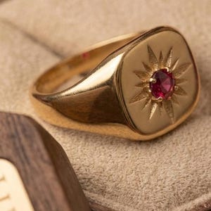 Ruby Starburst Signet Ring, Red Gemstone Ring, Sunburst Statement Ring, Celestial Jewelry