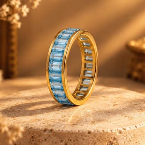 Blue Baguette Channel Set Band, Blue Gemstone Ring, Modern Stackable Band, Minimalist Statement Ring, Elegant Wedding Band