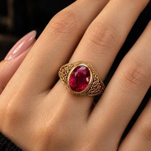 Vintage Oval Ruby Filigree Statement Ring, Ornate Red Gemstone Ring, Antique Inspired Jewelry, Handmade Cocktail Ring