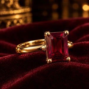 Könnte beinhalten: Ein Goldring mit einem großen, rechteckigen, smaragdgeschliffenen tiefroten Edelstein, der von vier abgerundeten Krappen gehalten wird. Die Ringschiene ist glatt und poliert und weist eine reflektierende Oberfläche auf.