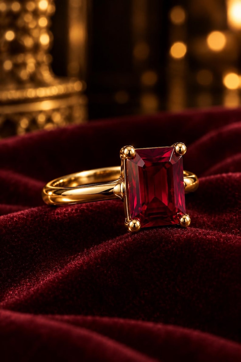 May include: A gold ring featuring a large, rectangular, emerald-cut deep red gemstone held in place by four rounded prongs. The band is smooth and polished, showcasing a reflective metallic finish that complements the vibrant red stone.