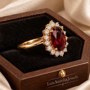 Oval Ruby Halo Engagement Ring, Red Ruby Ring, Gold Halo Ring, Vintage Inspired Bridal Ring, Oval Gemstone Ring