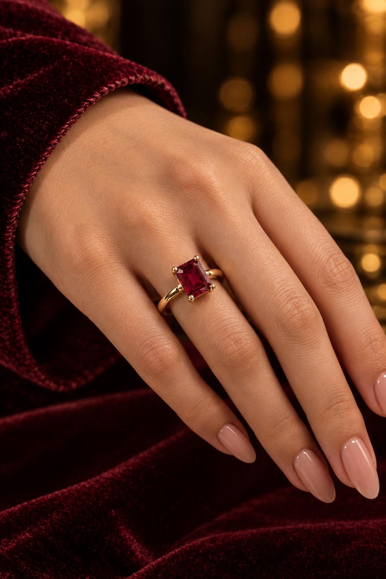 May include: A gold ring featuring a rectangular emerald-cut deep red gemstone set in a four-prong setting. The band is a smooth, polished gold metal. The ring is positioned on a finger, showcasing the vibrant red stone and the gold band.