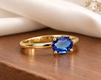 Oval Blue Sapphire Solitaire Ring, Blue Gemstone Ring, Minimalist Sapphire Ring, Handmade Statement Jewelry