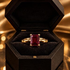 May include: A gold ring featuring a rectangular emerald-cut deep red gemstone held by four prongs, presented inside an open black hexagonal wooden box with a black velvet interior lining, showcasing a polished metal band and a faceted stone.