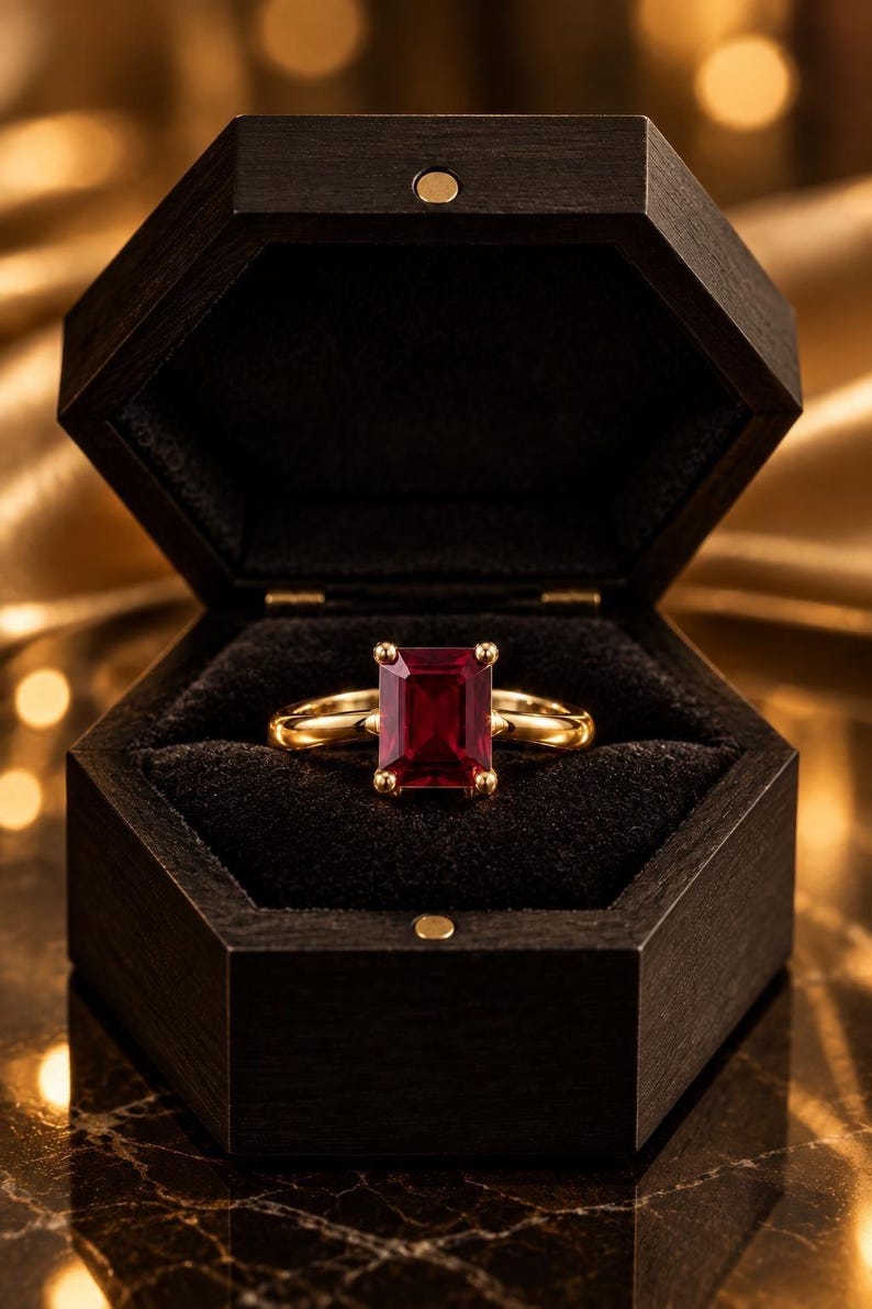 May include: A gold ring featuring a rectangular emerald-cut deep red gemstone held by four prongs, presented inside an open black hexagonal wooden box with a black velvet interior lining, showcasing a polished metal band and a faceted stone.
