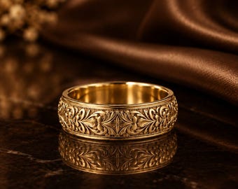 Vintage Floral Engraved Band Ring, Ornate Scroll Ring, Wide Statement Ring, Antique Style Wedding Band, Handmade Jewelry