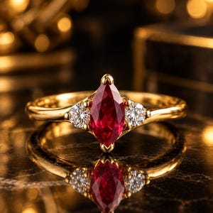 Marquise Cut Ruby Ring, Three Stone Red Gemstone Ring, Gold Statement Ring
