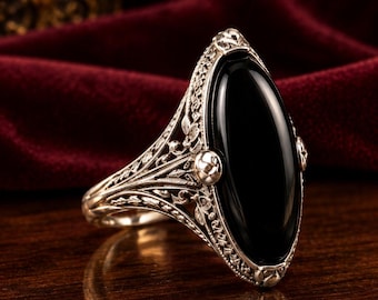 Black Onyx Ring, Vintage Silver Ring, Gothic Statement Ring, Oval Stone Jewelry