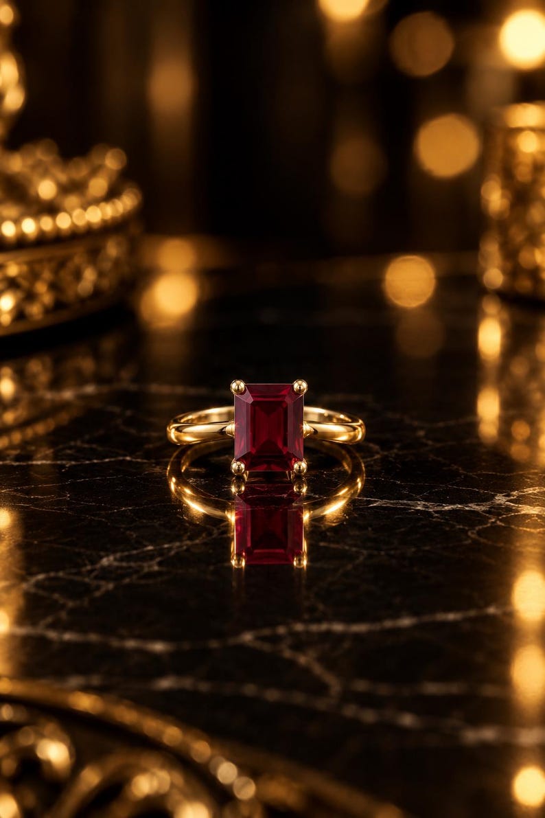 May include: A gold ring featuring a rectangular emerald-cut deep red gemstone set in a four-prong setting. The band is smooth and polished gold, reflecting light on its surface. The gemstone is positioned centrally, showcasing its faceted edges.