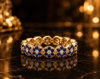 Blue Sapphire Eternity Band Ring, Floral Cluster Ring, Blue Gemstone Band, Elegant Statement Jewelry