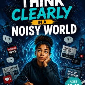 May include: A book cover titled Think Clearly in a Noisy World, A Storybright Learning Series. It features a person writing in a notebook surrounded by digital icons, news headlines, and speech bubbles. The text includes Ages 13-17, Research, Evaluate, Decide.