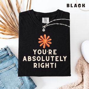 May include: A black t-shirt featuring an orange starburst graphic above the text "YOU'RE ABSOLUTELY RIGHT!" in cream-coloured capital letters. The shirt has a crew neckline and a Comfort Colors brand label visible at the inner collar.