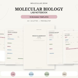 Może przedstawiać: Cyfrowy notatnik laboratoryjny do biologii molekularnej zawierający 15 szablonów wielokrotnego użytku w formatach A4 i US Letter. Plik PDF do druku zawiera strony do konfiguracji eksperymentu, przeglądu projektu, analizy i kolejnych kroków.