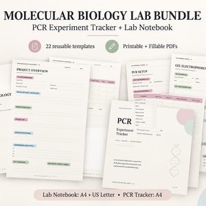 Puede incluir: Un paquete de laboratorio de biología molecular que incluye un rastreador de experimentos PCR y un cuaderno de laboratorio con 22 plantillas reutilizables. Las páginas PDF imprimibles y rellenables incluyen secciones de proyecto.