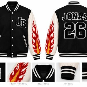 Könnte beinhalten: Eine schwarz-weiße Collegejacke mit weißen Ärmeln und rot-orangen Flammengrafiken. Die Vorderseite zeigt die Buchstaben JB, während auf der Rückseite der Schriftzug JONAS und die Zahl 26 in weißer Blockschrift mit schwarzer Umrandung zu sehen sind.