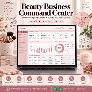 Könnte beinhalten: Ein Laptop zeigt das Beauty Business Command Center Tabellen-Dashboard mit rosa und weißen Oberflächenelementen. Der Bildschirm zeigt Umsatz-, Gewinn- und Termindaten. Der Text enthält Plan, Track, Grow und All-in-one for beauty business owners.