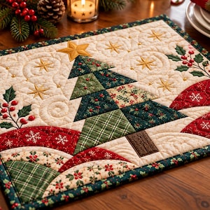 Puede incluir: Un mantel individual acolchado rectangular con un diseño central de árbol de Navidad en patrones de tela verde y roja. El fondo es de color crema con estrellas doradas bordadas, bayas de acebo y motivos de copos de nieve, con un borde verde oscuro.