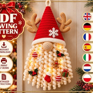 May include: A crochet wall hanging of a gnome with a red hat, tan nose, and long white curly beard. The hat features tan antlers and a white snowflake. The beard is decorated with small ornaments including a gingerbread man, stocking, and gift. Text reads PDF SEWING PATTERN, INSTANT DOWNLOAD, PRINT AT HOME, DETAILED INSTRUCTIONS.